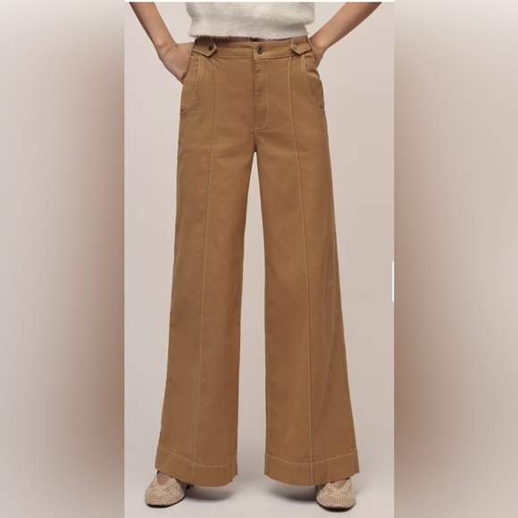 Anthropologie Maeve Linen Cotton Contrast Stitch High-Rise Wide-Leg Pants 2 - Picture 2 of 14